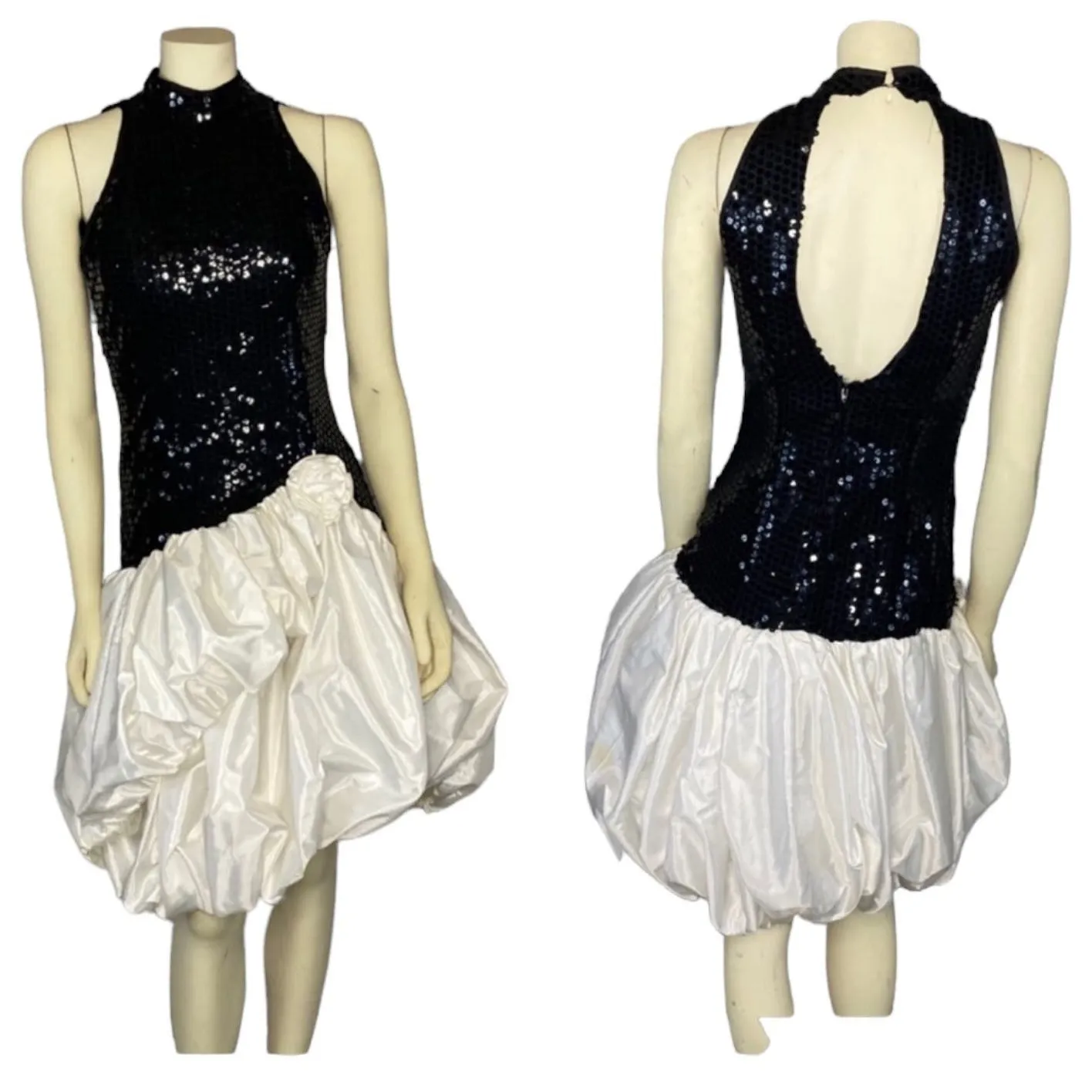 80s Dave & Johnny Sequin Halter Bubble Hem Open back Dress Black & White Medium - Image 2