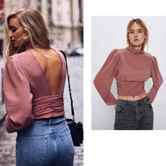 Zara BACK NECKLINE CROP TOP Blouse Long Sleeves Size L NEW - Image 2
