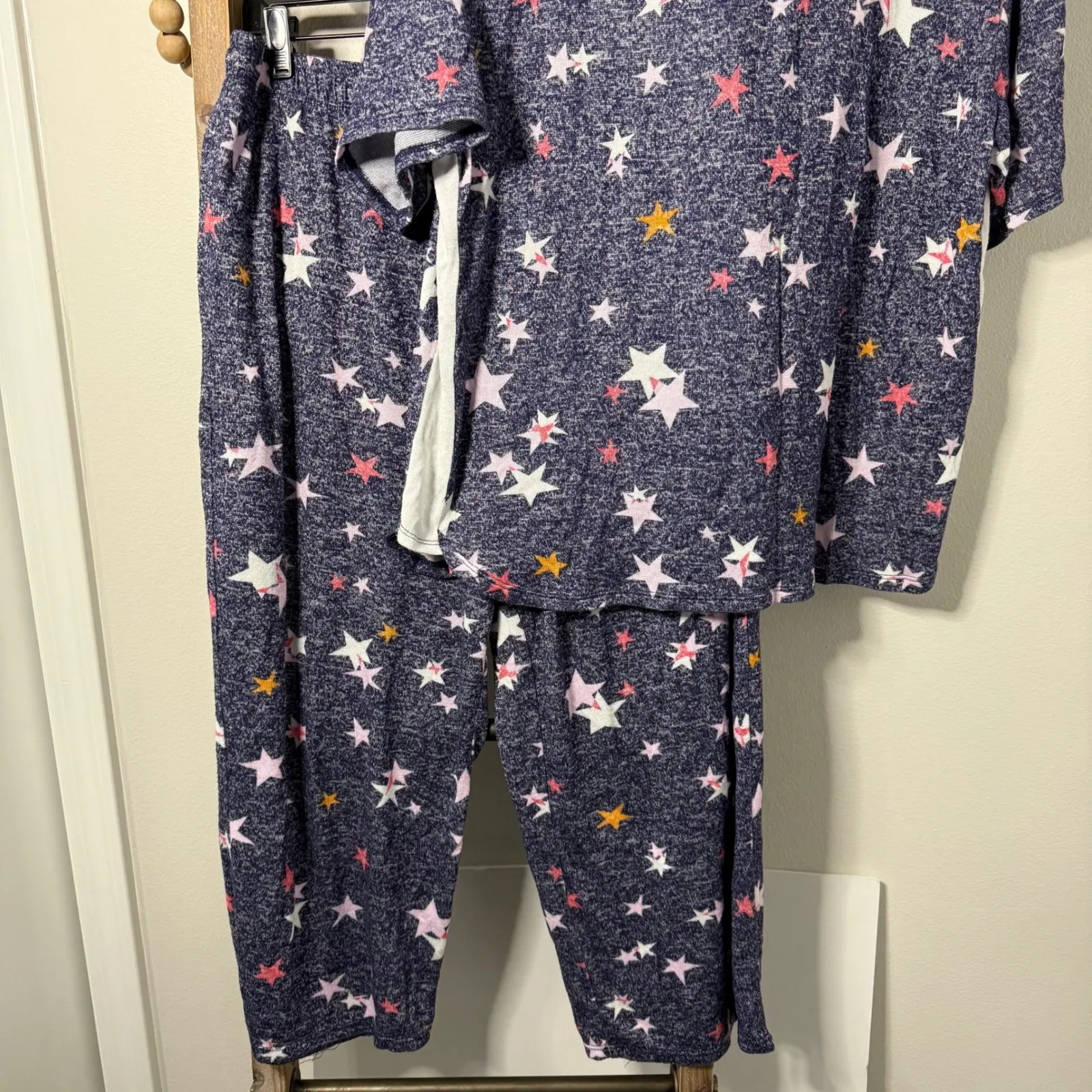 DKNY Womens Pajama Set Navy Blue Star Short Sleeve Top Pants Lounge Size Large - Image 4