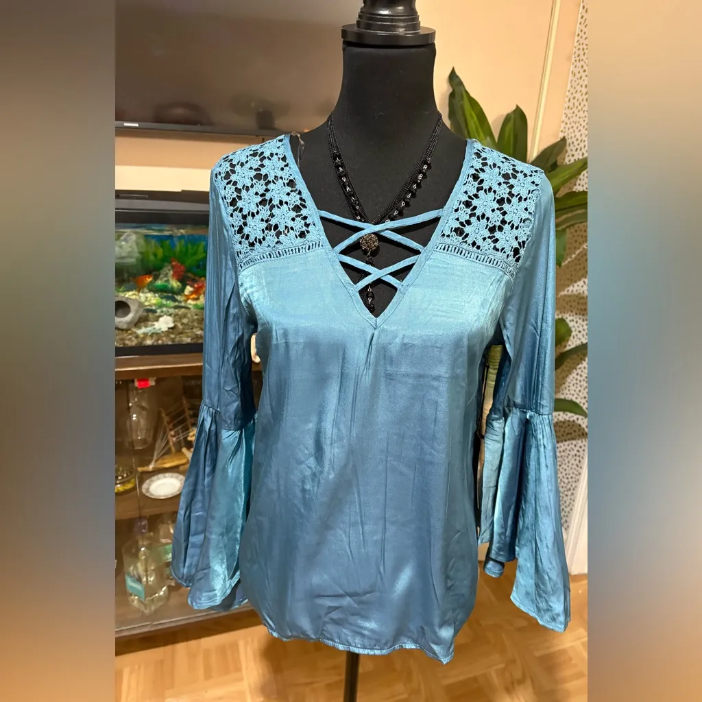 Haute Monde turquoise blue Long Sleeve Blouse - Image 3