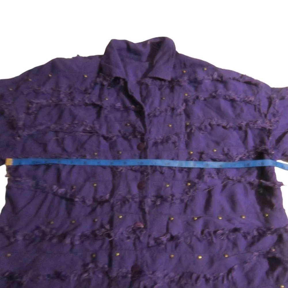 Boho Textured Fringe Button Shirt Studded Purple Rayon Top M - Image 10