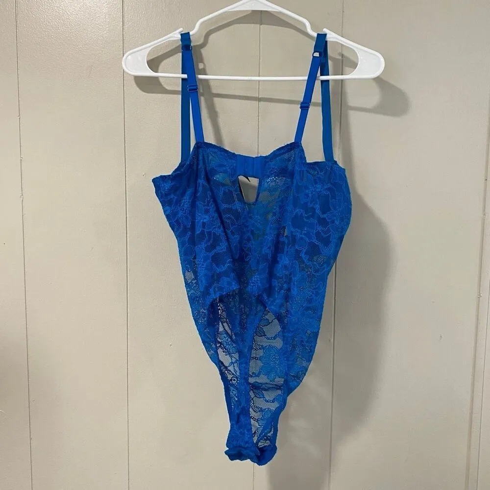 Victoria’s Secret Blue Lace Rhinestone Strap Bodysuit XL Sexy Sheer One Piece Li - Image 2