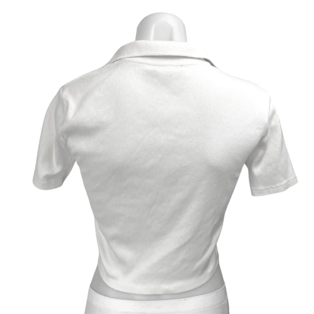 Zara Women's White Rib Knit Short Sleeve Collar V-neck Crop Sweater Top Size L - Image 2