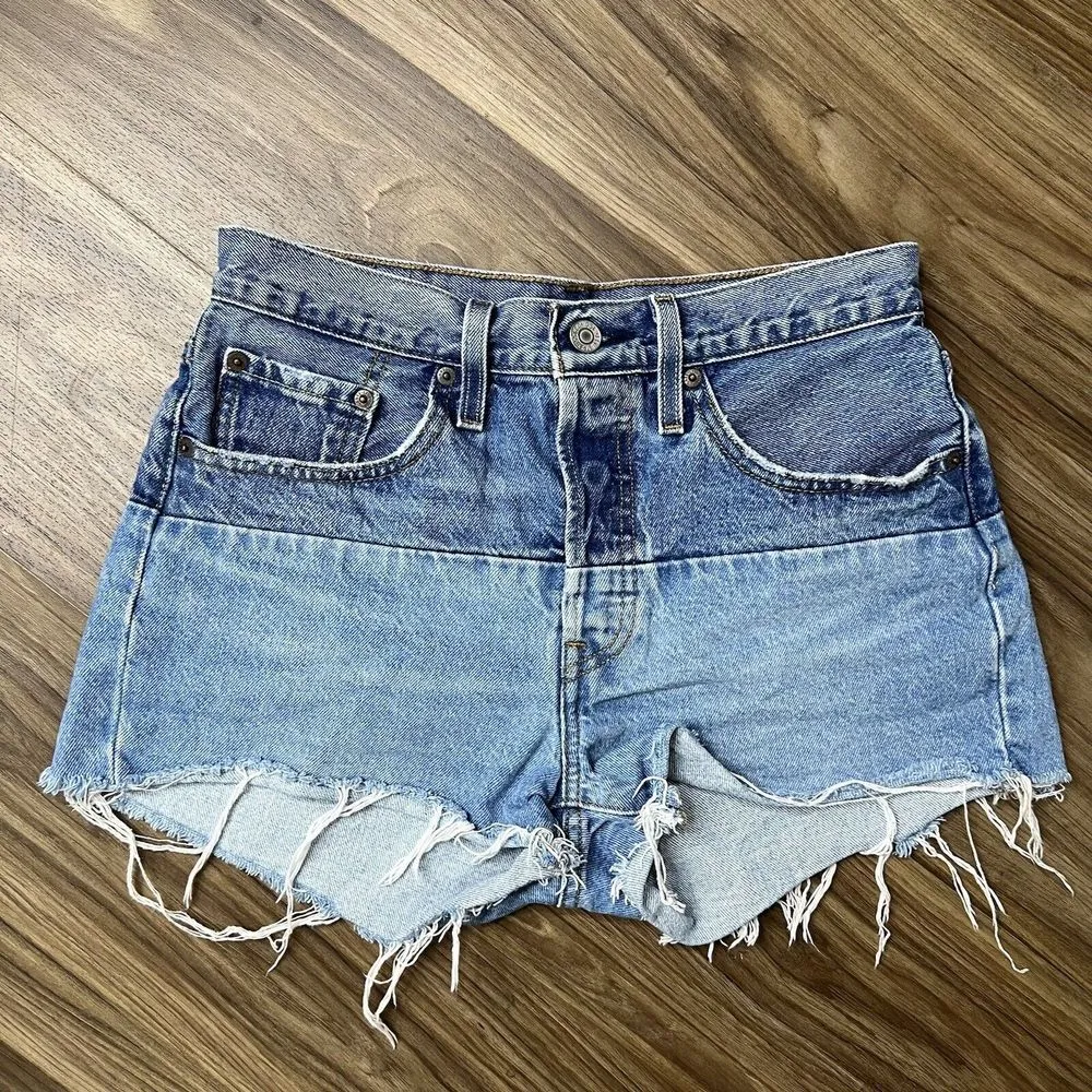 Levis Size 27 501 150 Pieced Shorts Original High Rise Denim Distressed Blue - Image 3