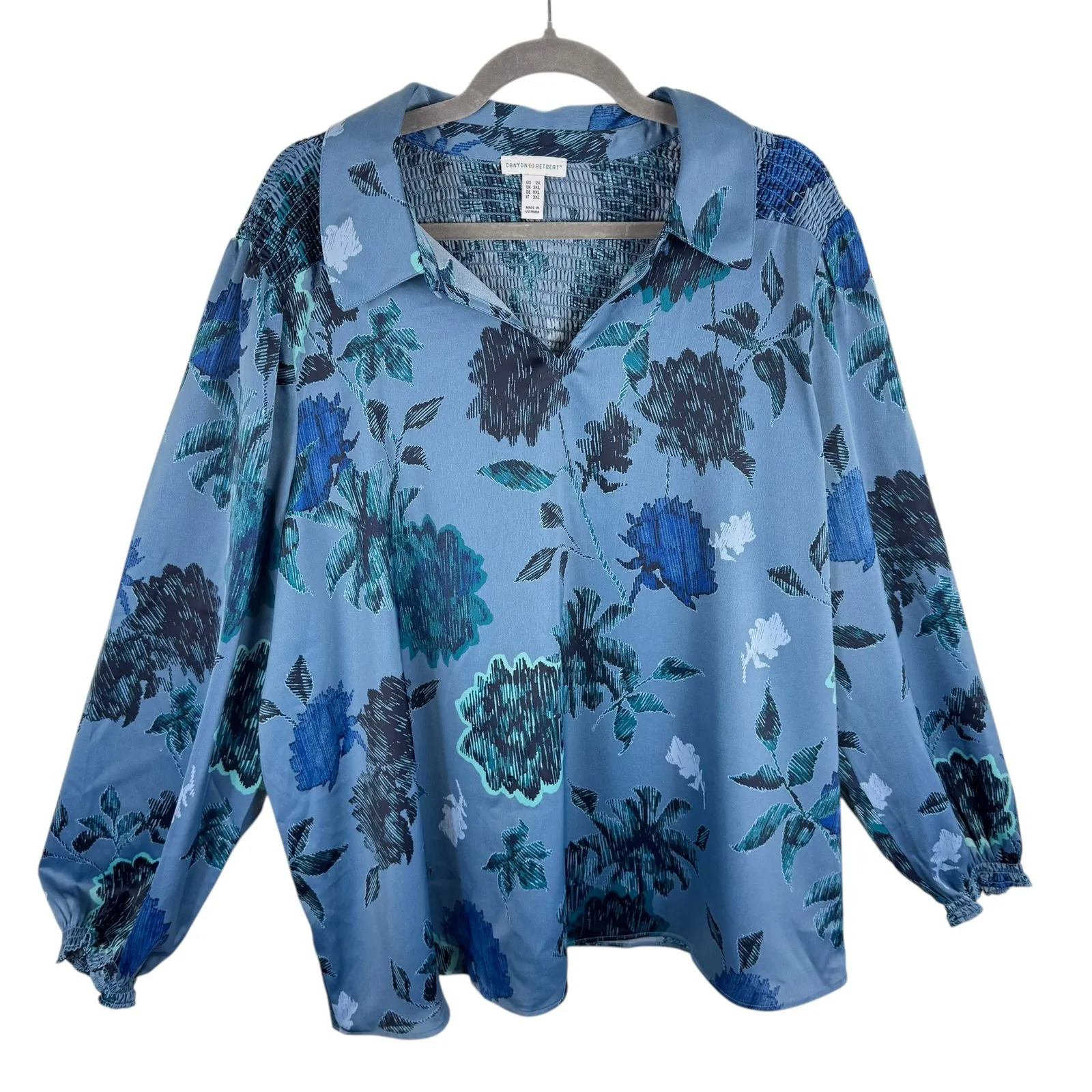 Canyon Retreat Denim‎ & Co. Blue Floral Silky Satin Long Sleeve Blouse Size 2X - Image 4