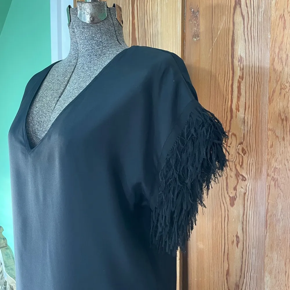 Marie Oliver Black Silk Feather Fringe Sleeve V-Neck Mini Shirt Dress - Sz XS - Image 5