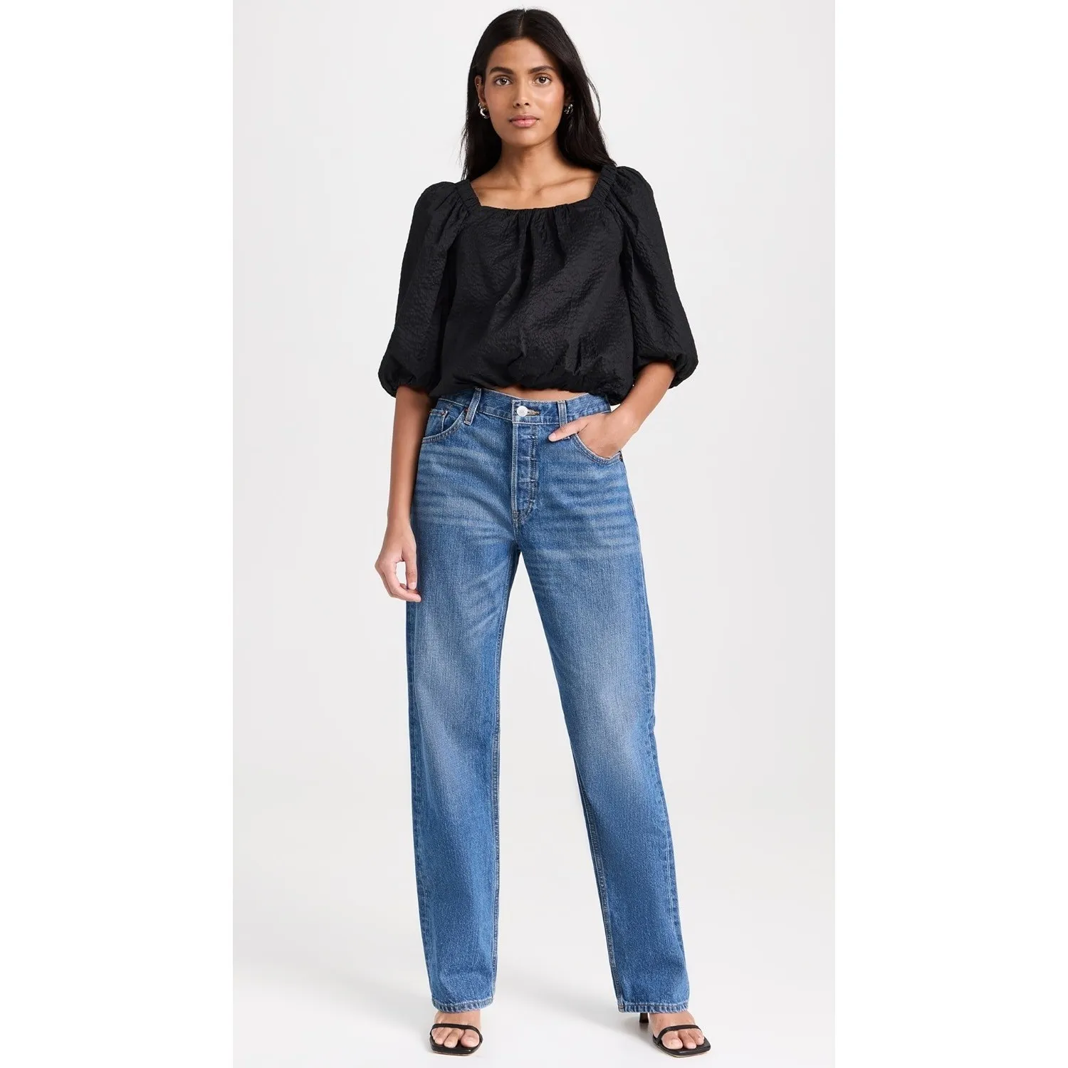 AYR The Midsummer Japanese Crinkle Cotton Top Puff Sleeve Square Neck‎ Sz M - Image 3