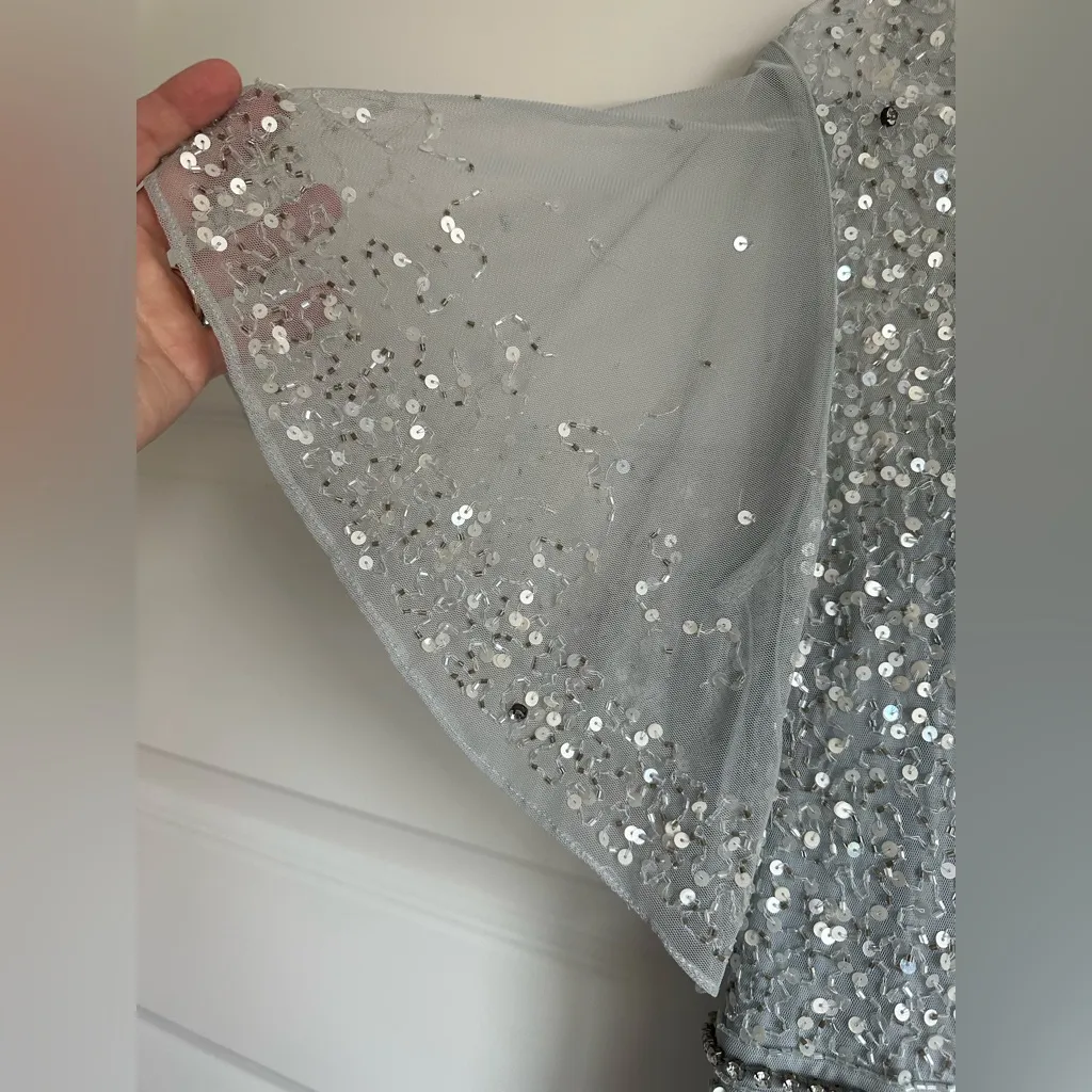 Mac Duggal Cape Sleeve Beaded Midi Dress Powder Blue NWT #93655 - Image 6