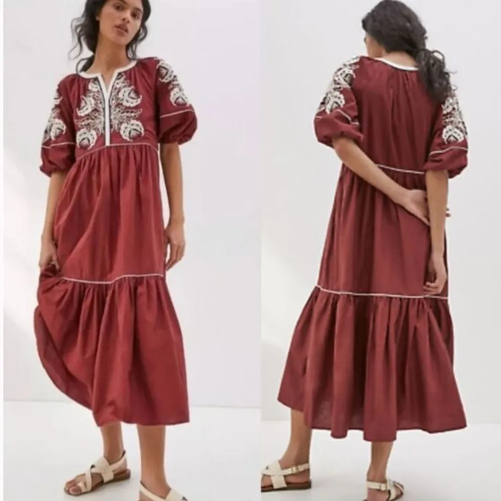 Anthropologie Gretel Embroidered Maxi Dress Maroon White XS NWT - Image 3