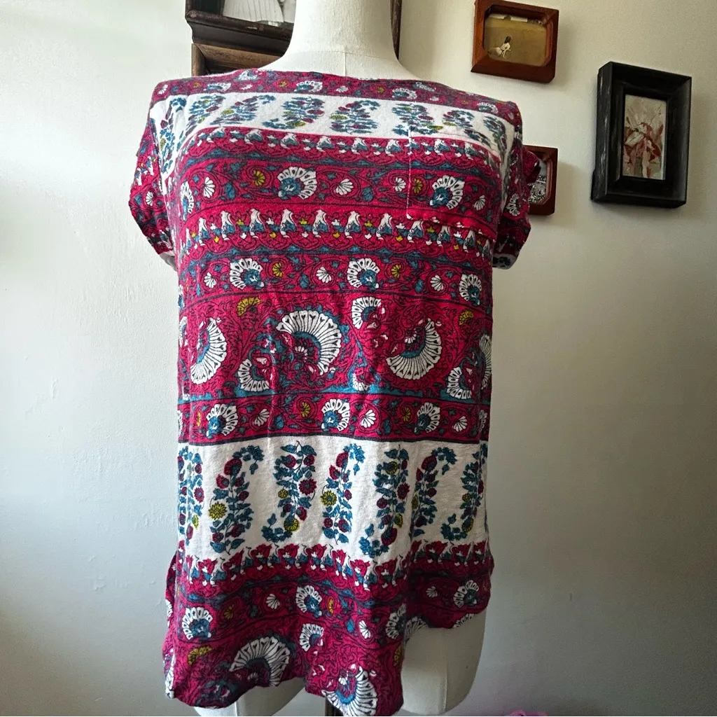 Loft Linen Boho Paisley Capped Sleeve Lightweight Breathable linen T Shirt Small - Image 3