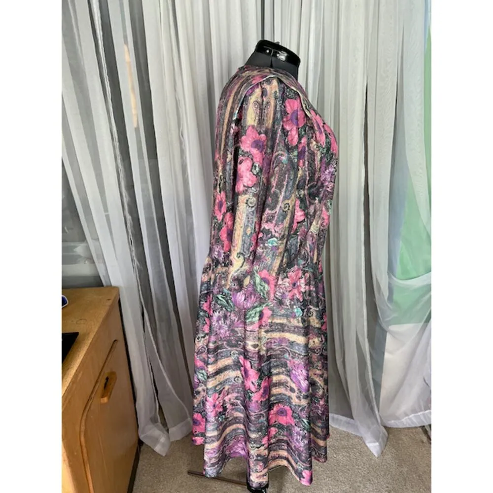 dress floral swing skirt pink purple 1980s shoulder pads Size 3X - Image 7