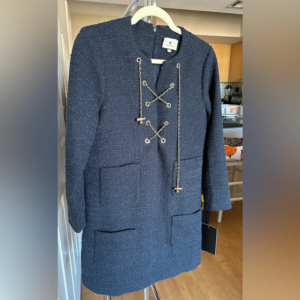 Tuckernuck Navy Tie Tweed Kelly Dress, Navy Blue Boxy Dress, Size Medium - Image 9