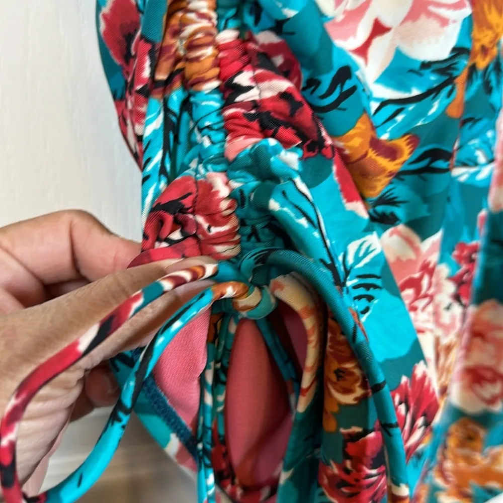 Time and Tru Floral Teal Pink Tie Sides V-neck Swimsuit Size Large EUC #1386 - Image 6