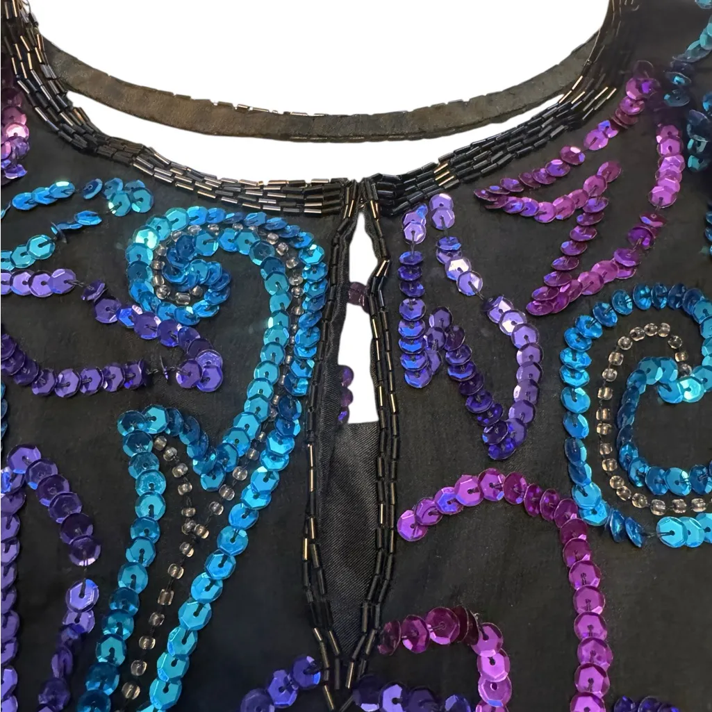 Laurence Kazar XL Silk Sequin Beaded Top Black Purple Teal Vintage Short Sleeve - Image 8