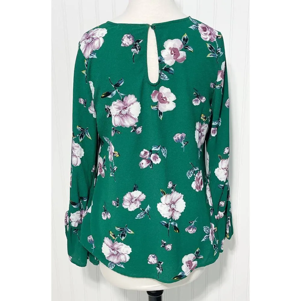 Live To Be Spoiled Floral Print Long Bell Sleeve Blouse Keyhole Back Green Large - Image 11
