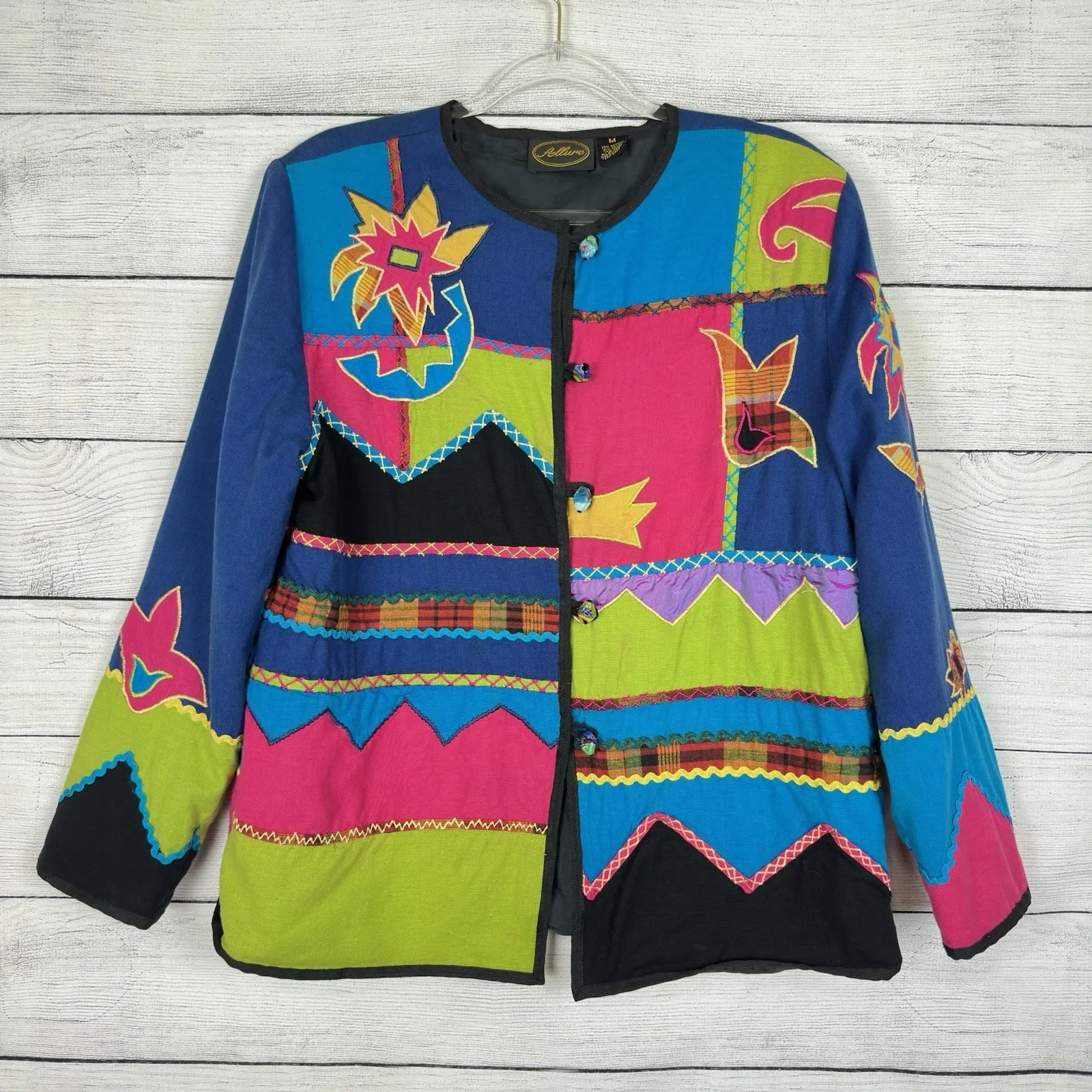 Vintage Allure Patchwork Cardigan Coat Sz Medium Eclectic Teacher Art 90s Retro - Image 1