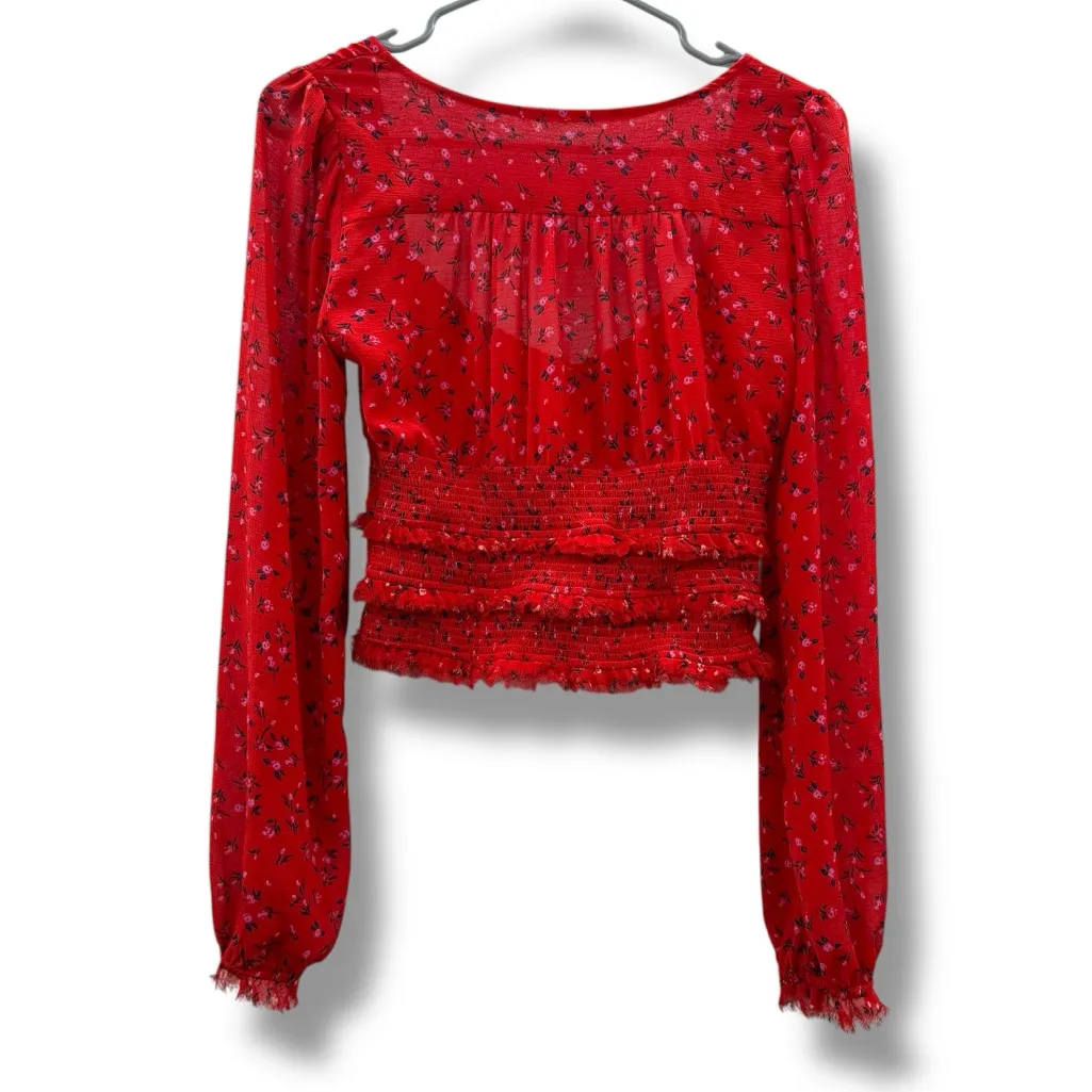 Free People Lolita Smocked Red Floral Long Sleeve Cropped Top Sz‎ XS - Image 3