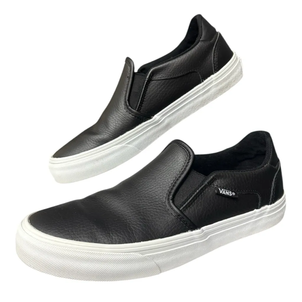 Vans Asher Black Leather Slip-On Sneakers Women’s Size 8 EUC Casual Leather Shoe - Image 2