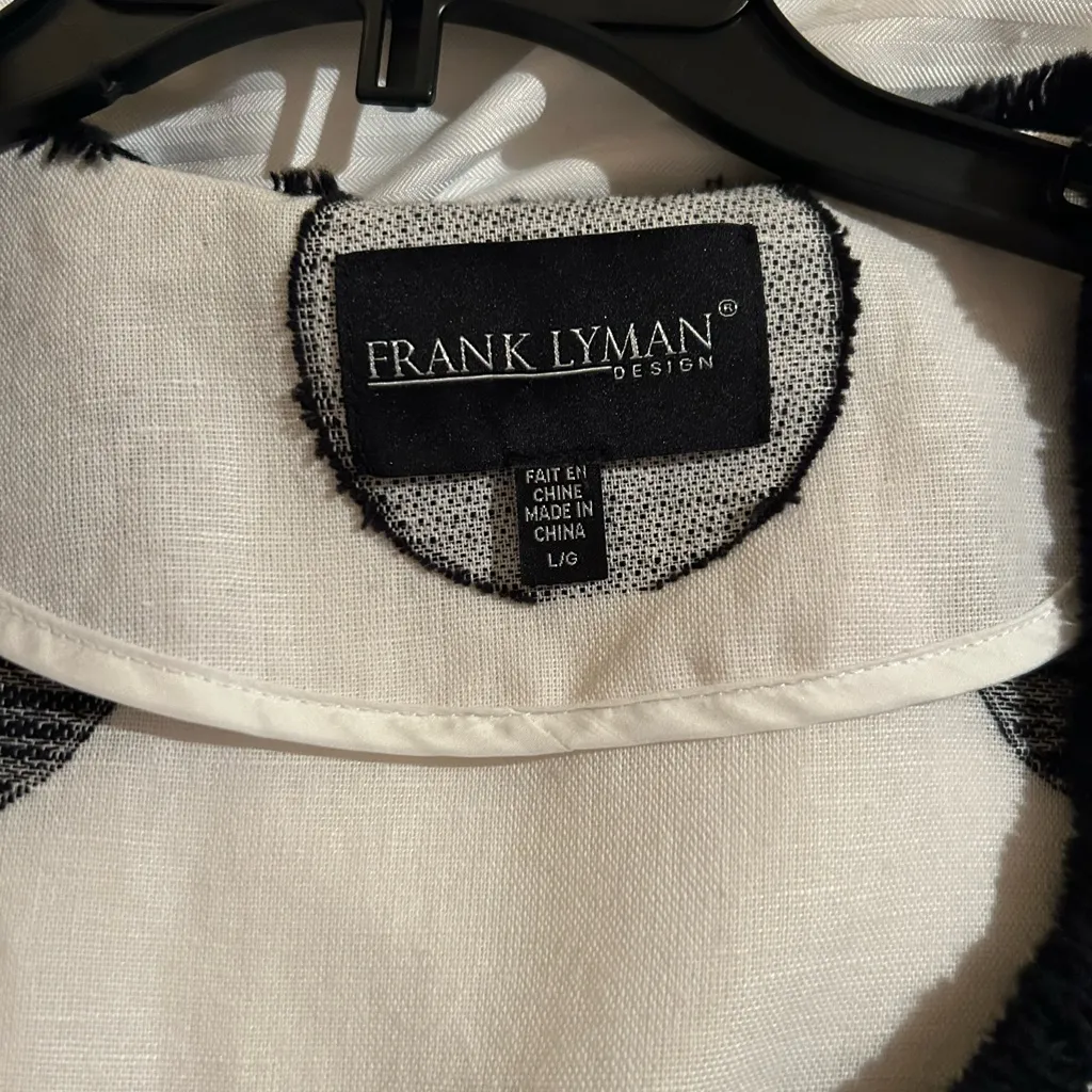 Frank Lyman Women’s Linen Blend Jacket White Black Polka Dots Frayed Hem Large - Image 5
