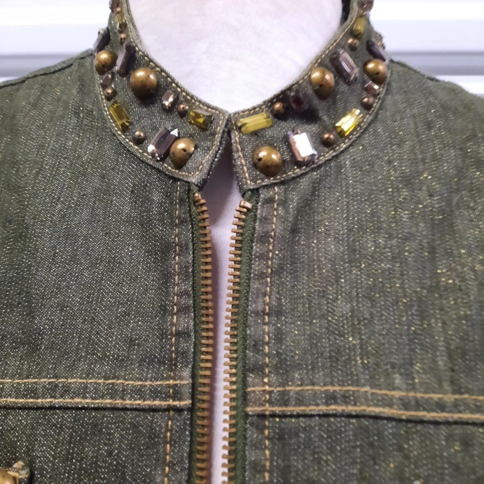 Ruby Rd Petite Womens Beaded Denim Jacket 10P Green Zip Embellished Boho Western - Image 3