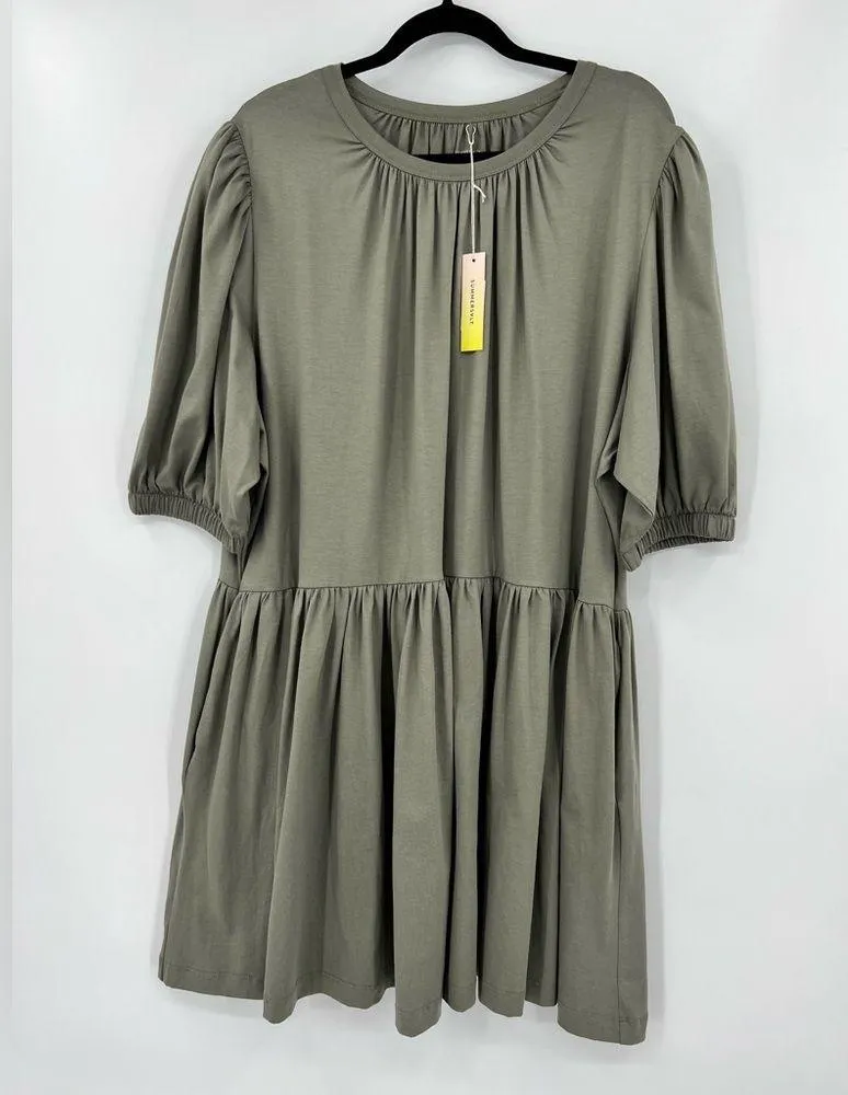 🆕 NWT Summersalt The Luxe Pima Puff Sleeve Mini Dress Drop Waist Pocket Green 1X - Image 6