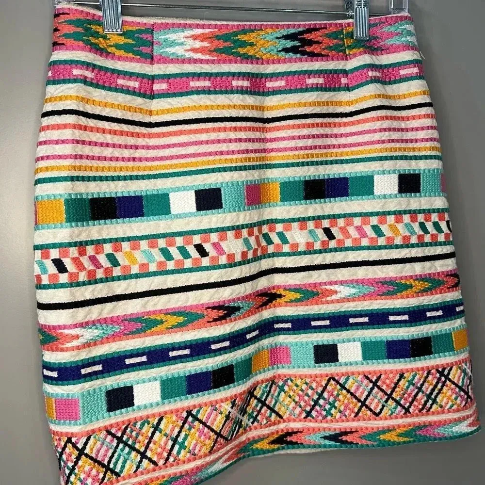Etcetera Skirt Embroidered Linen Mini Skirt Rainbow Geometric Pattern Size 4 - Image 2