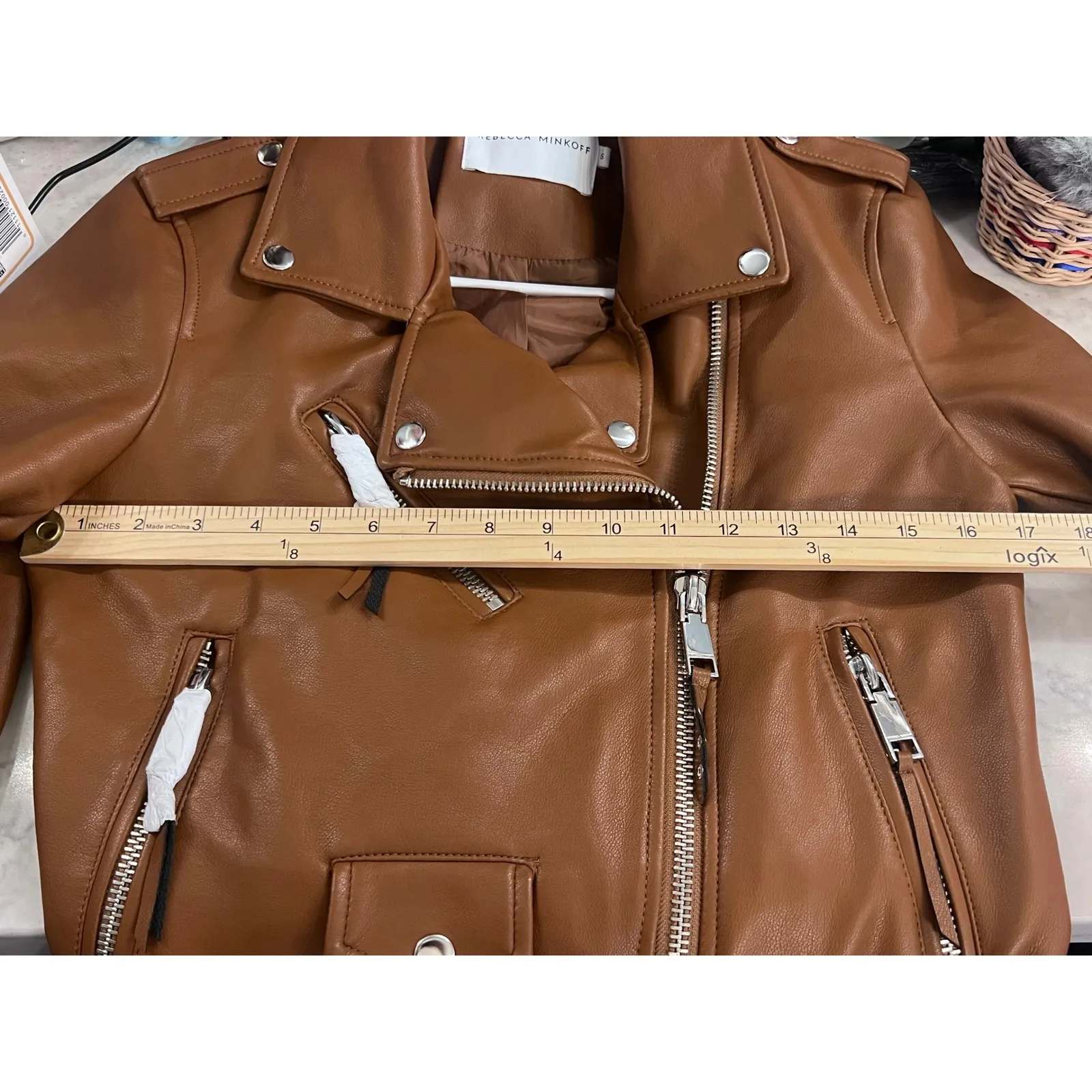 Rebecca Minkoff Cognac Brown Vegan Faux Leather Moto Jacket‎ Biker Zip Up Small - Image 13
