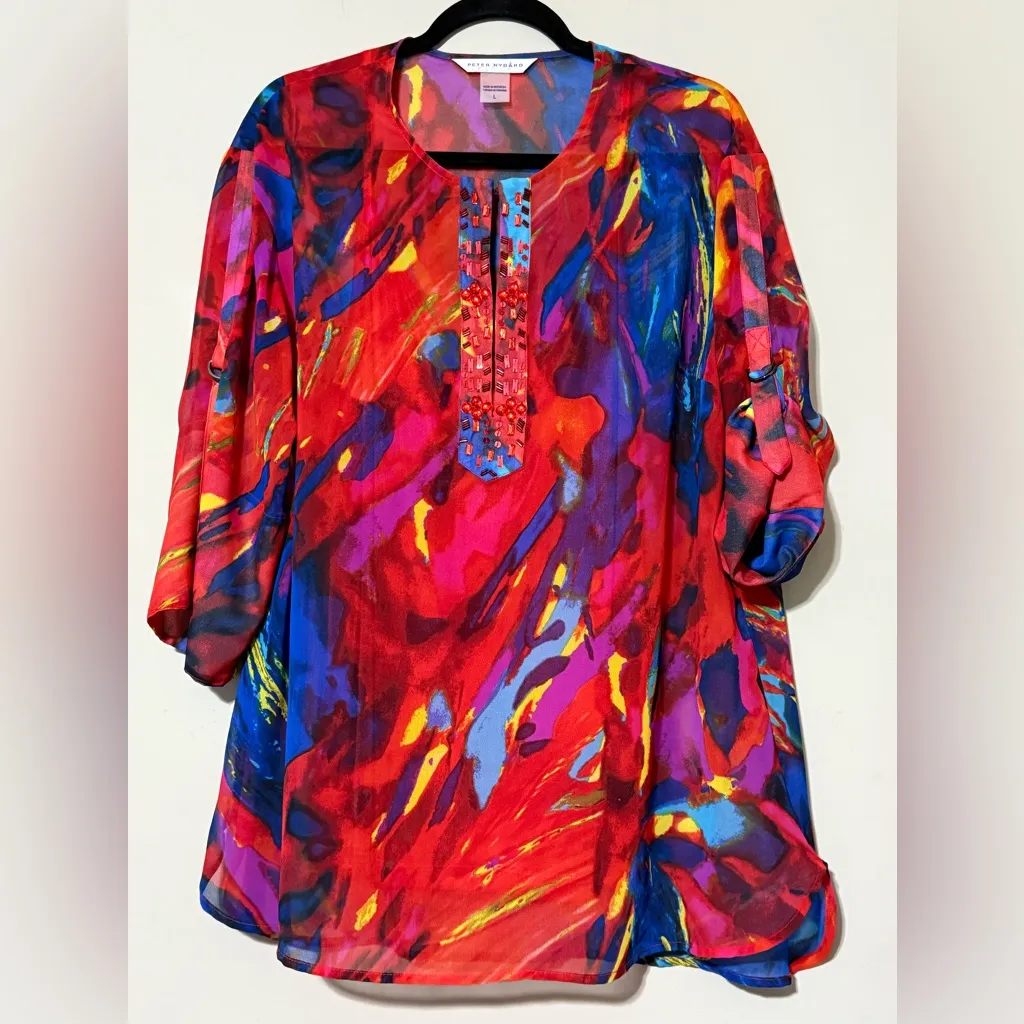 PETER NYGARD women's large multicolor roll sleeve tunic red beaded sheer light - Image 16