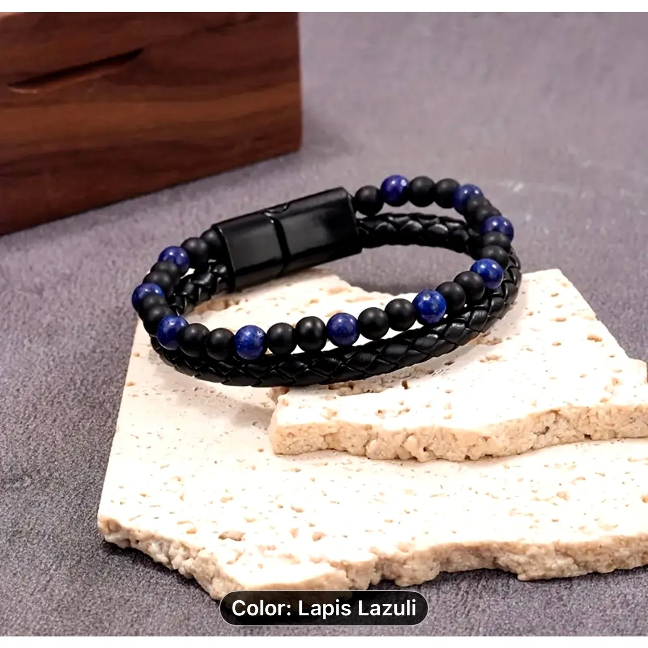 Unisex Double Layer Beaded Faux Braided Leather Bracelet Lapis Lazuli Black - Image 2