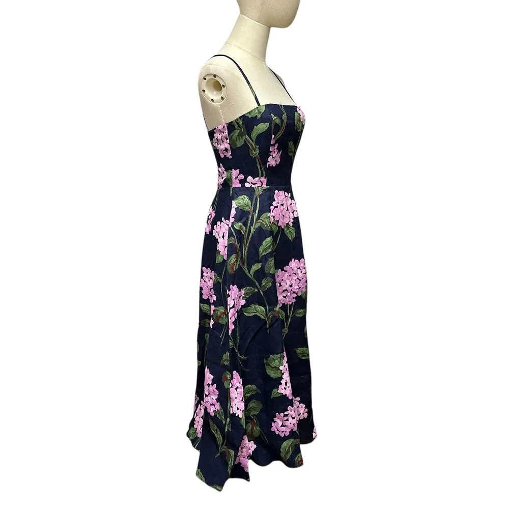 O.P.T. Sz 2 XS Midnight Bloom Khalani Linen Midi Dress Sleeveless Floral Linen Blue - Image 4