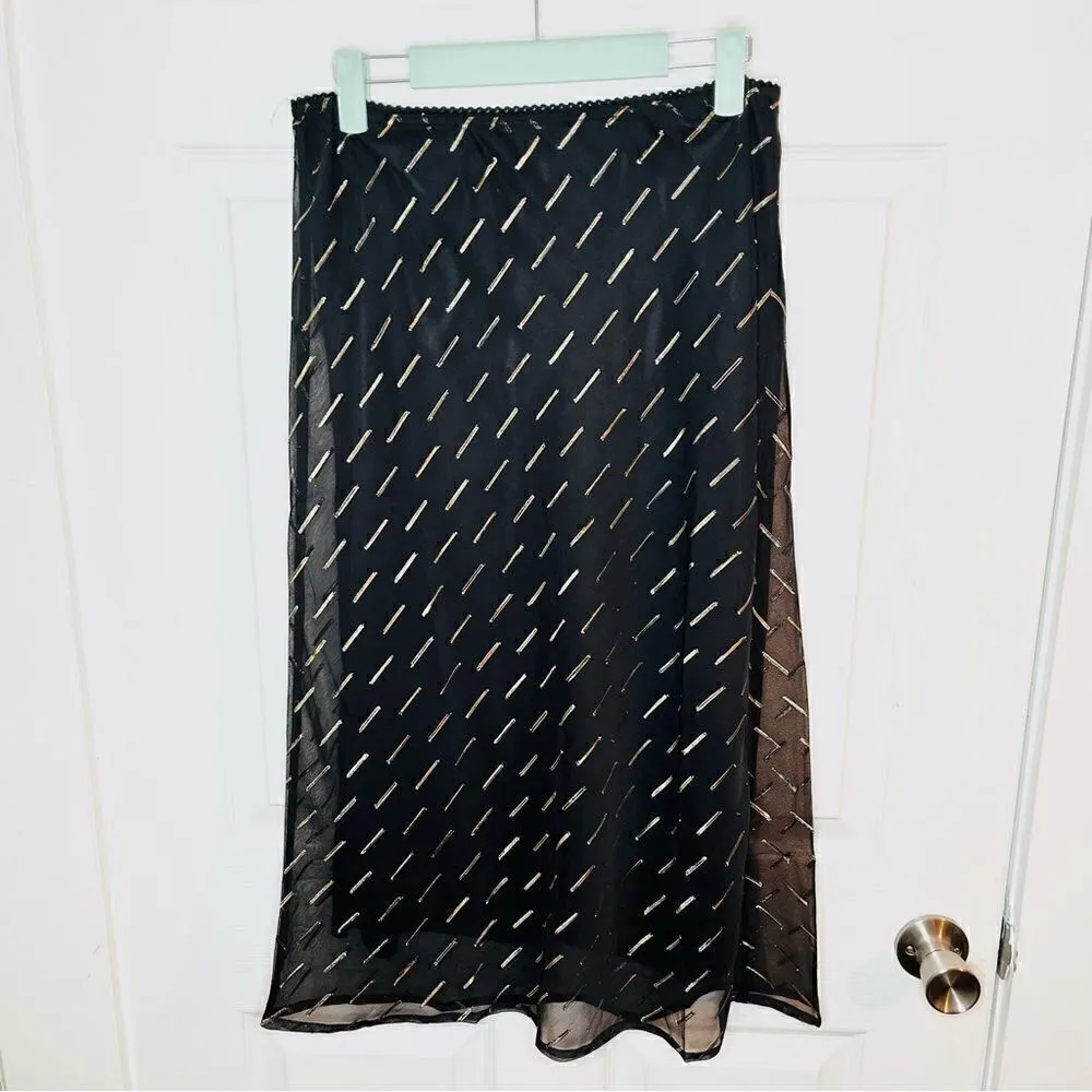 BAND OF GYPSIES Gold Metallic Flocked Overlay Midi Skirt Black M NWT - Image 3