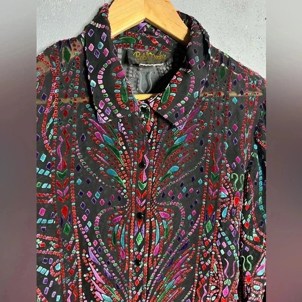 Bob Mackie Vintage Wearable Art Silk Blouse Tunic Butterfly Burnout Velour - Image 4