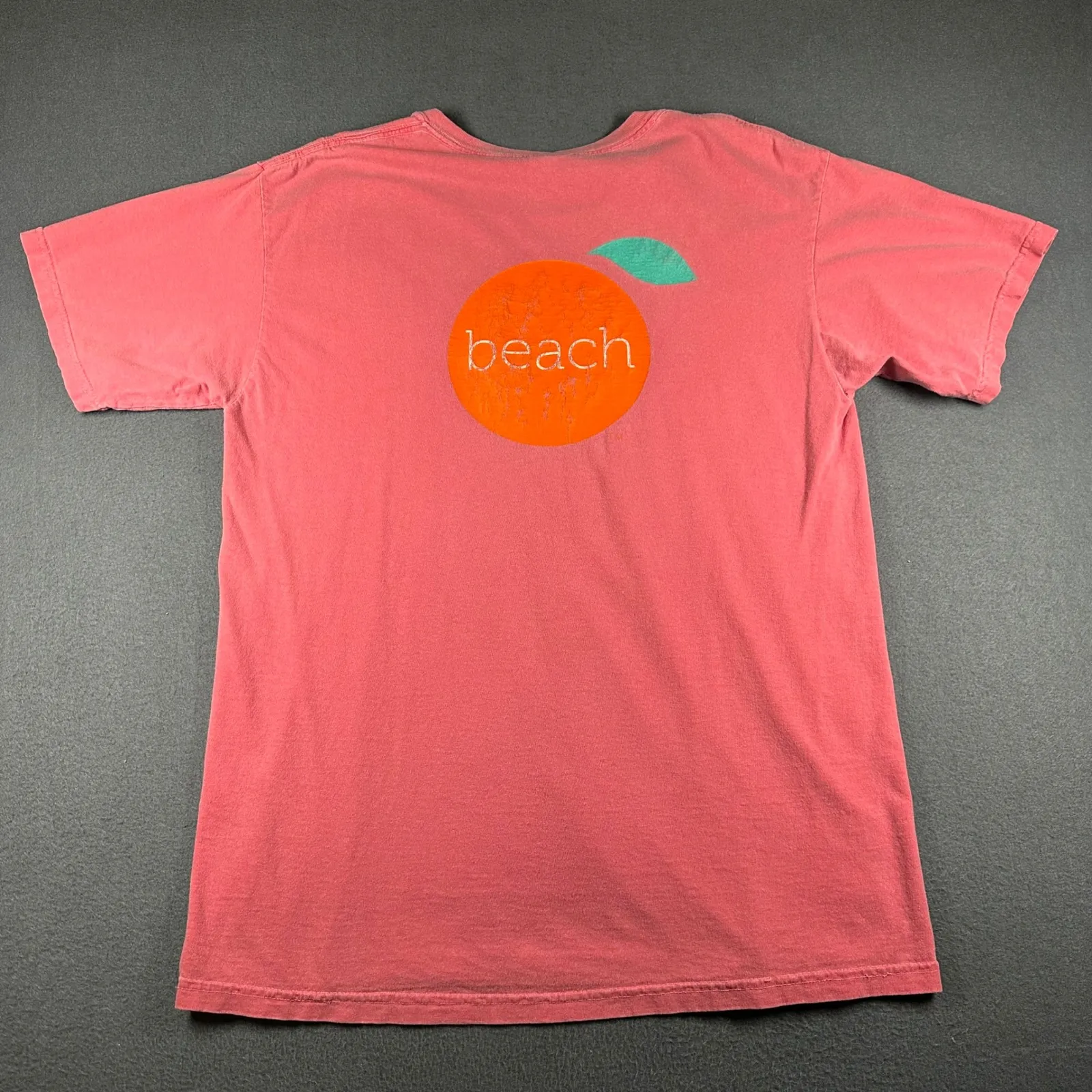 Orange Beach Graphic T-Shirt Large Coral Pink Cotton Crew Neck Casual Summer Top - Image 2