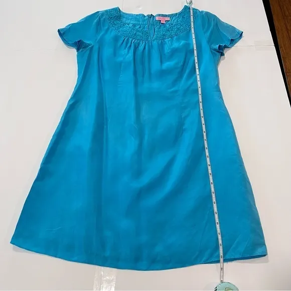 Lilly‎ Pulitzer Teal Blue Geometric Embroidery Short Sleeve Silk Dress MEDIUM - Image 9