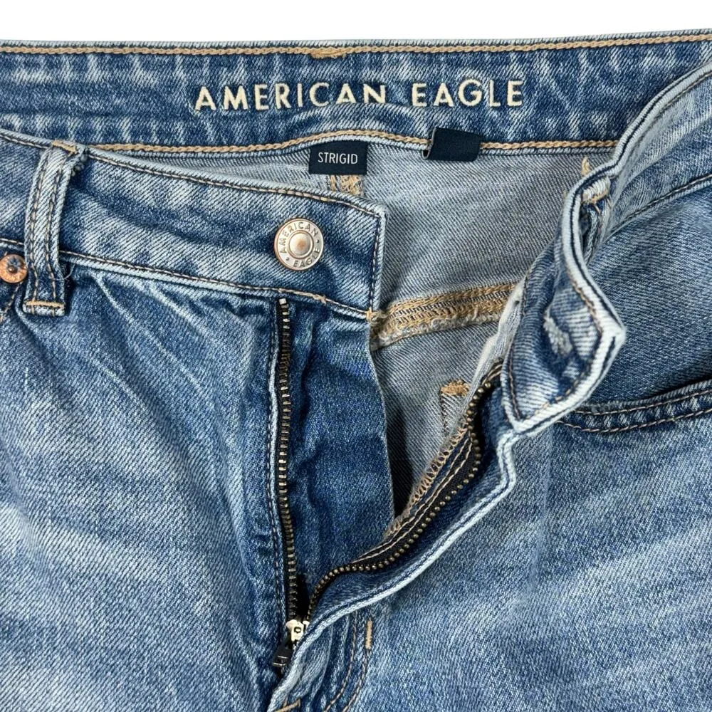 American Eagle SZ 8 LONG Mom Jeans Strigid Distressed Rips Hi-Rise Zip-Fly Blue - Image 7
