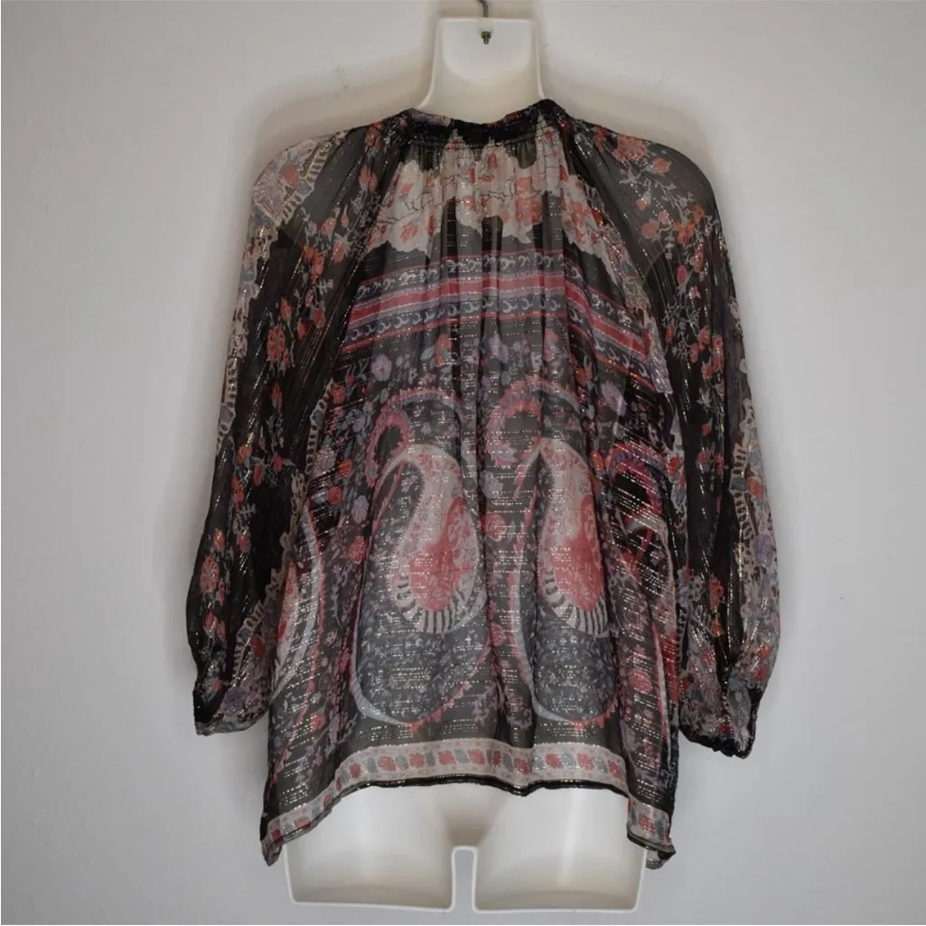 TUCKER Bergdorf Goodman Boho 100% Silk Button Down Sheer Blouse Metallic Size S Red - Image 8