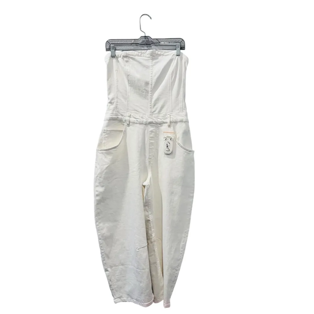 We The Free People NWOT Je Suis Pret Barrel Jumpsuit Size Large White Denim Zip - Image 2