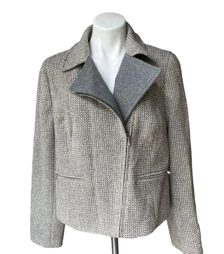 NWT, Talbots Gray tweed Moto Jacket Blazer Career Silver Metallic, Sz 14 - Image 2