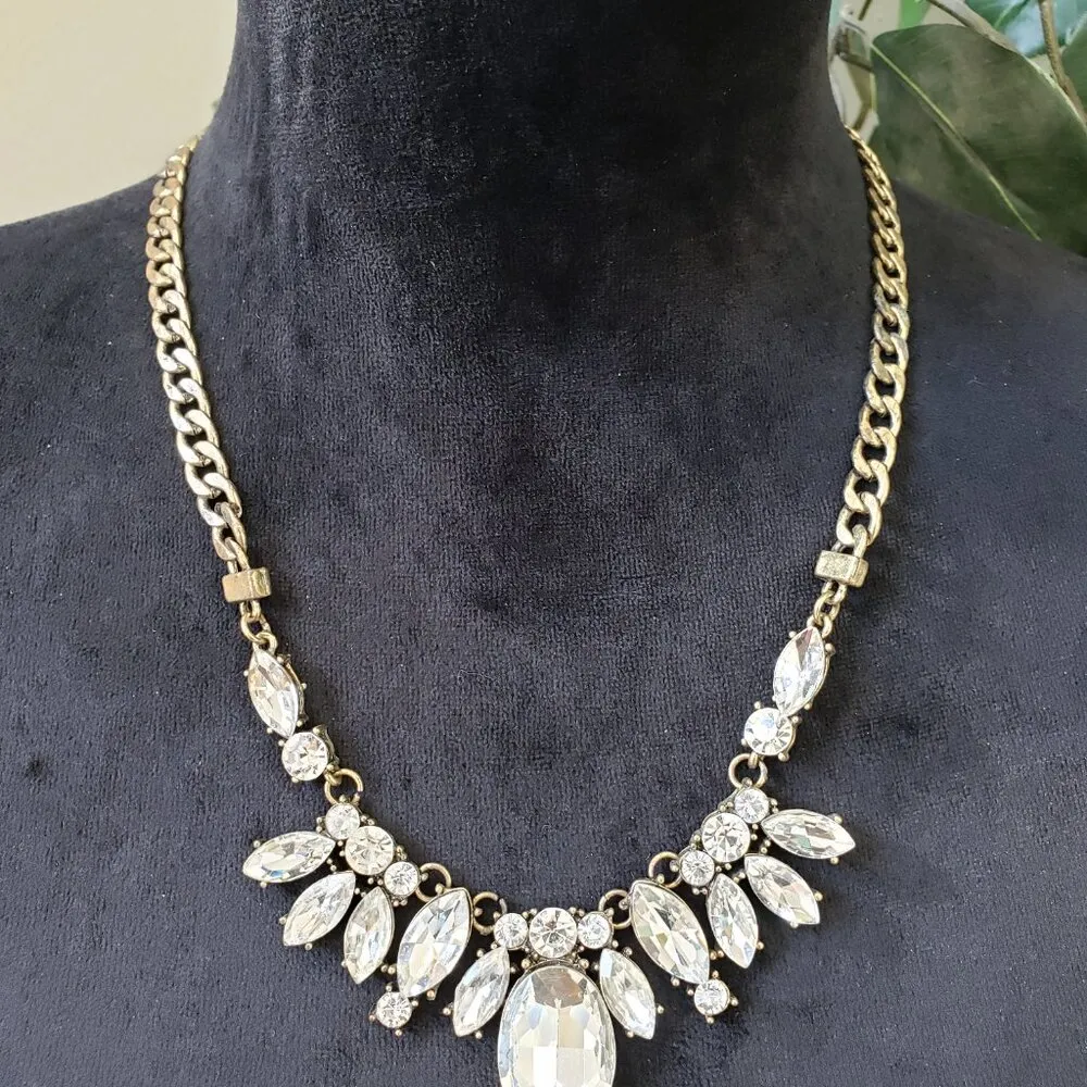 Women Brass Tone Multi Shape Clear Crystal Faceted Bling Necklace w/ Spring Ring White - Image 2