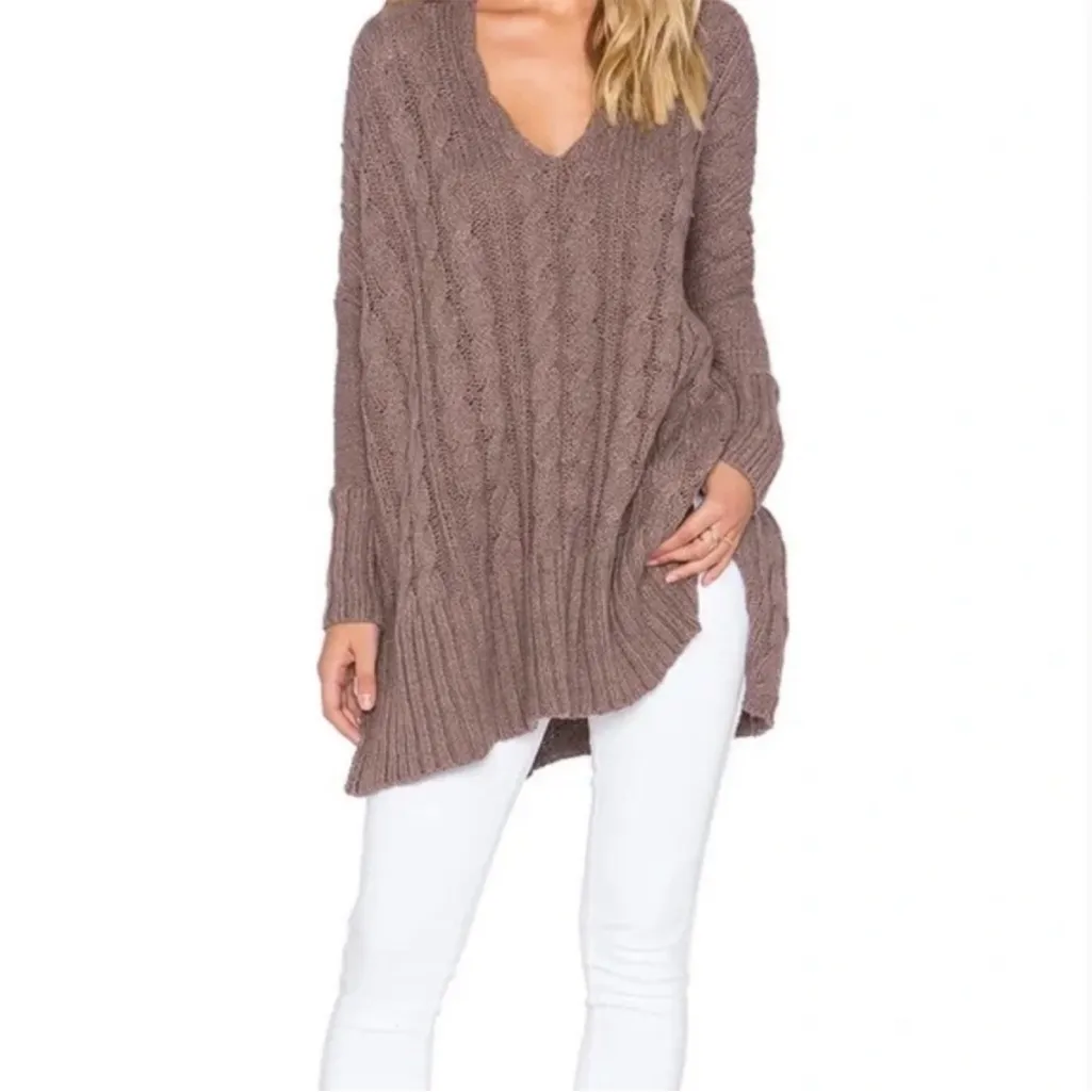 Free People Easy V Cable Mushroom Sweater Large - Image 2