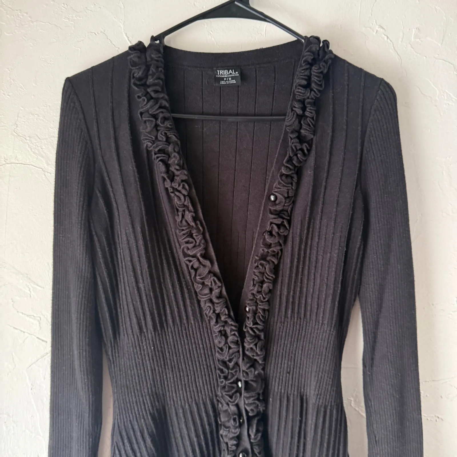 Tribal S Y2k Black Ruffle Trim Long Sleeve Cardigan Ribbed Knit Fitted Sweater‎ - Image 2