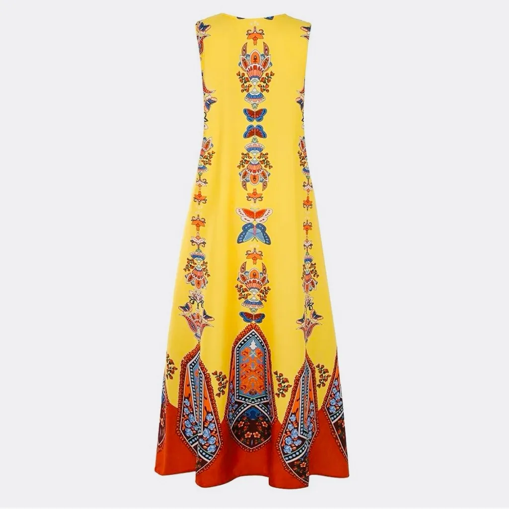 SHEIN Boho Yellow Sleeveless Maxi Dress w/ Tribal Floral Print & Pockets Size L - Image 2