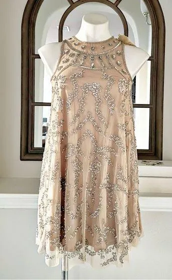 knee length dresses for ladies Nude Color Rhinestone Bodycon Mini Dress – Dressesforparty main image 0