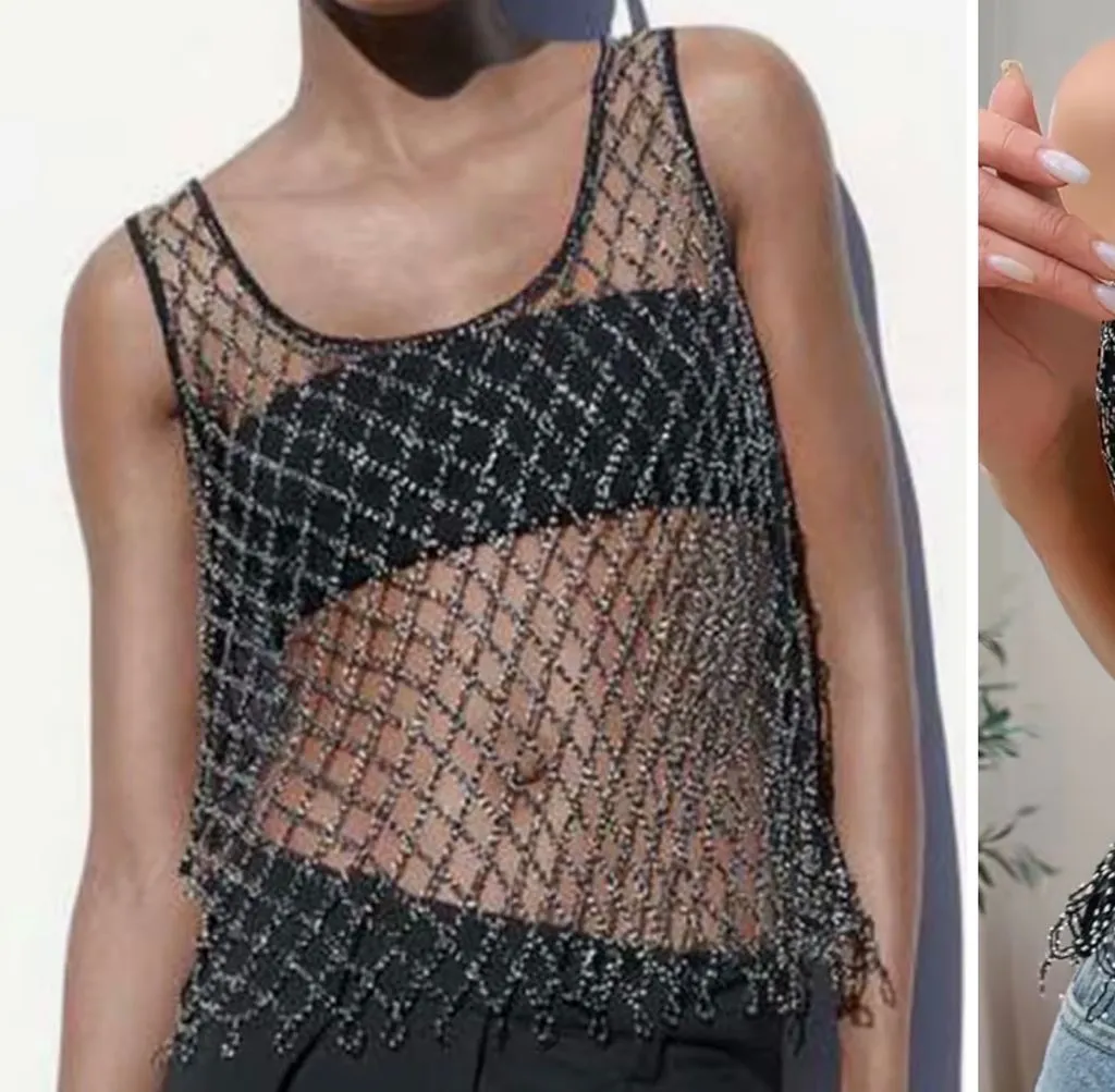 Zara Women's XS Black Beaded Knit Sleeveless Tank Top - Image 3