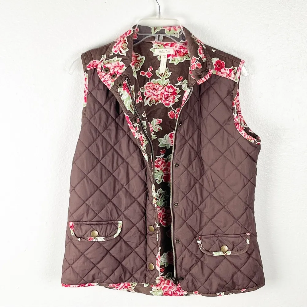 MATILDA JANE Sydney Reversible Brown Quilted Corduroy Floral Vest, Size Small - Image 5