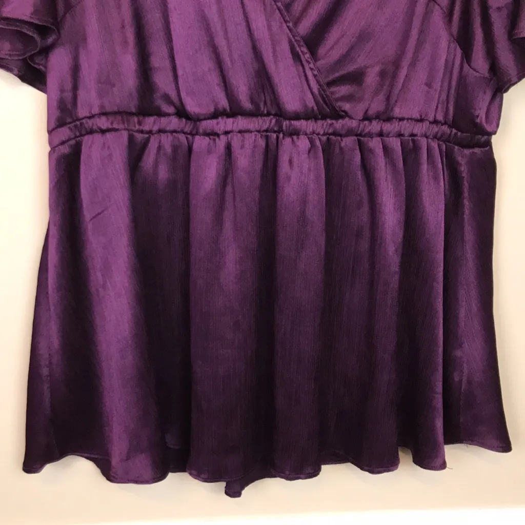 Torrid Women’s Shiny Purple Satin Faux Wrap Flutter Sleeve Defined Waist Blouse - Image 3