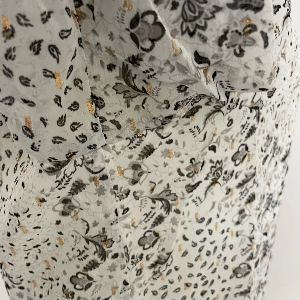 Top Lined Floral Botanical Puff Sleeves Shimmer Metallic Black Gold White - Image 5