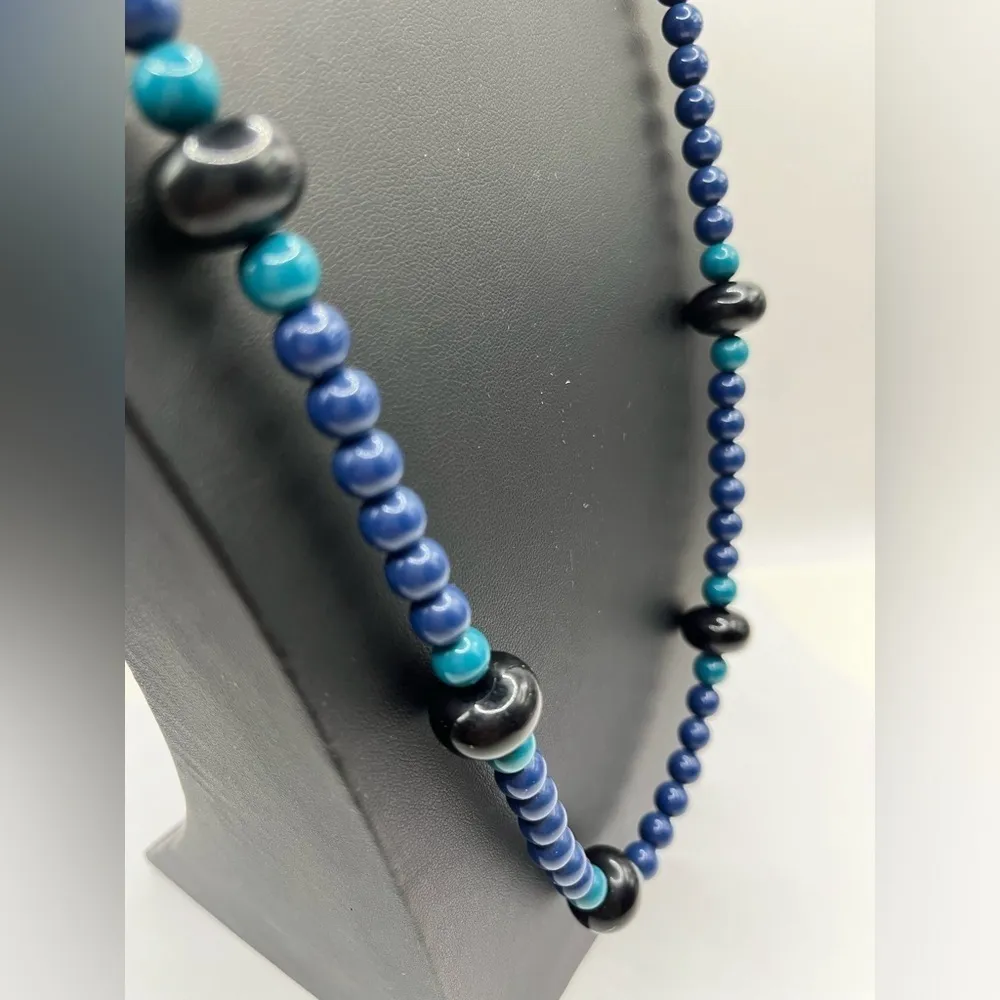 Trifari Beaded Necklace 30” Length Blue Black and Turquoise Blue Beaded Necklace - Image 6