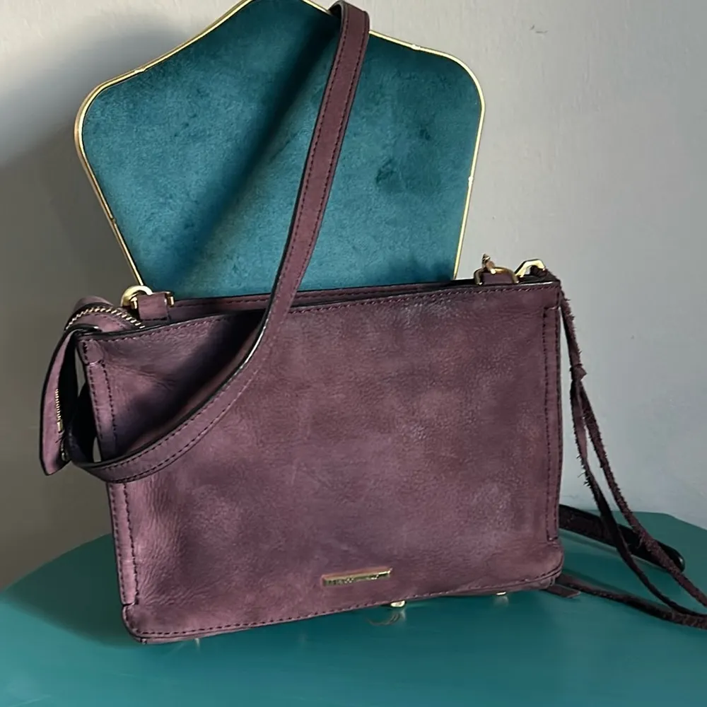 Plum Purple Leather Brushed Suede Crossbody Bag Purse - Image 10