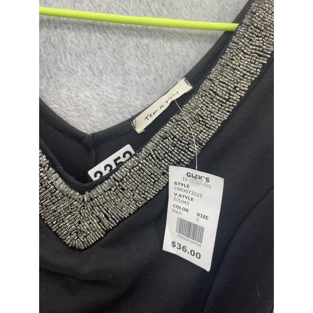 Tea n Rose Women's Dress Fitted Long Sleeve Beaded V Neck Black Size Small - Image 4